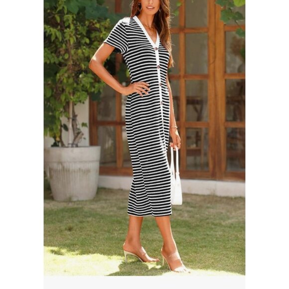 BTFBM Womens Casual Midi Dress Med Short Sleeve Striped Ribbed Knit Button - Picture 3 of 11